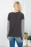 CHARCOAL IVORY ROUND NECKLINE STRIPE LONG SLEEVE TOP