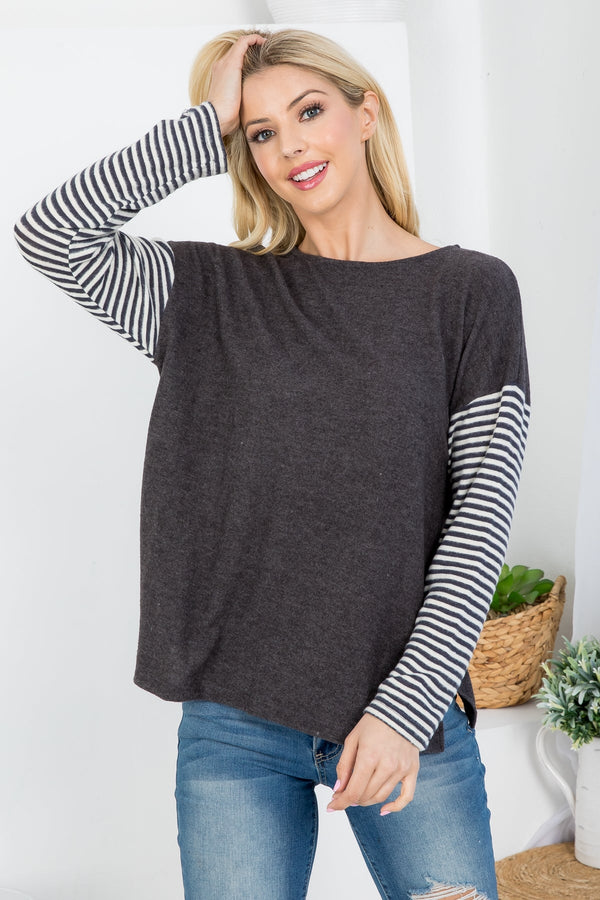 CHARCOAL IVORY ROUND NECKLINE STRIPE LONG SLEEVE TOP