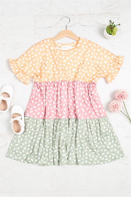 KIDS RUFFLE SHORT SLEEVE TIERED PRINTED DRESS