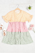 KIDS RUFFLE SHORT SLEEVE TIERED PRINTED DRESS
