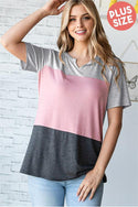 SHORT SLEEVE SPLIT V NECK SOLID COLOR BLOCK TOP