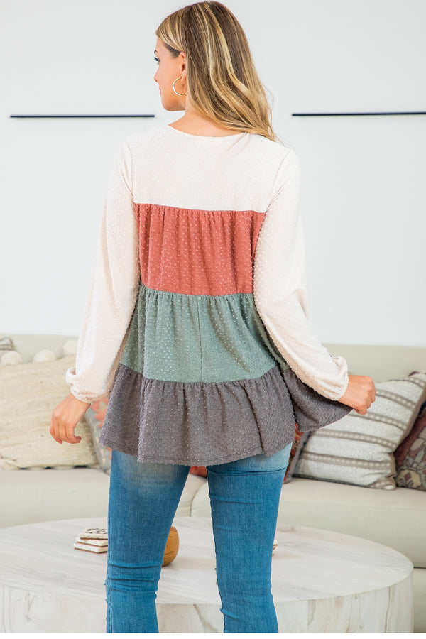 SWISS DOT COLOR BLOCK LONG SLEEVE TOP