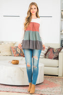SWISS DOT COLOR BLOCK LONG SLEEVE TOP