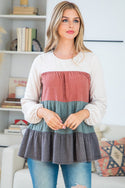 SWISS DOT COLOR BLOCK LONG SLEEVE TOP