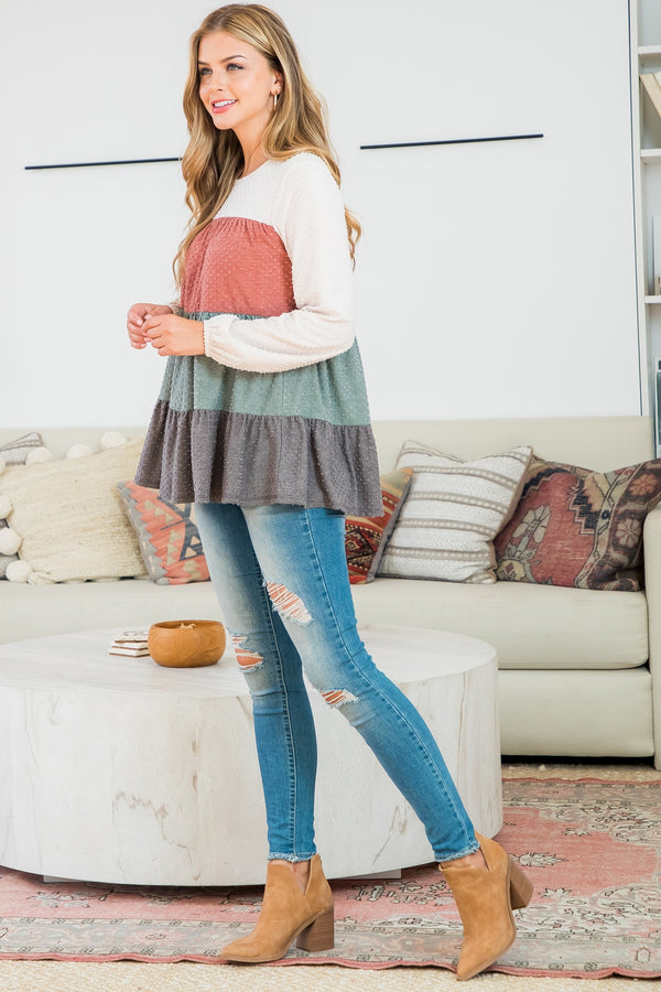 SWISS DOT COLOR BLOCK LONG SLEEVE TOP