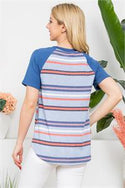 STRIPE SHORT SLEEVE RAGLAN TOP- LT. BLUE/CORAL-DARK DENIM