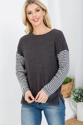 CHARCOAL IVORY ROUND NECKLINE STRIPE LONG SLEEVE TOP