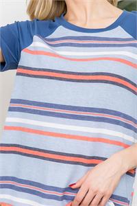 STRIPE SHORT SLEEVE RAGLAN TOP- LT. BLUE/CORAL-DARK DENIM