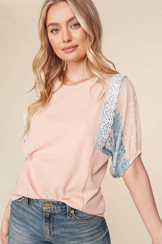 Floral Color Block Top with Crochet Lace