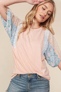 Floral Color Block Top with Crochet Lace