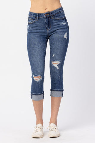 Mid Rise Cuffed Distressed Capri Plus