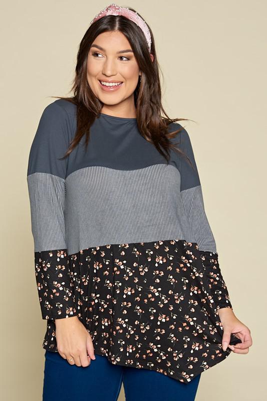 Ribbed Floral Asymmetrical Hem Tunic Top