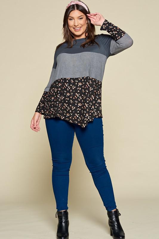 Ribbed Floral Asymmetrical Hem Tunic Top