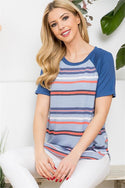 STRIPE SHORT SLEEVE RAGLAN TOP- LT. BLUE/CORAL-DARK DENIM