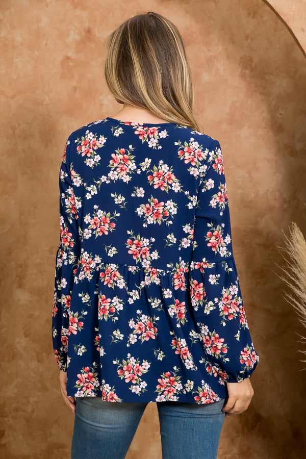 RIBBON DETAIL NECKLINE LONG SLEEVE FLORAL