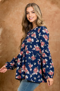 RIBBON DETAIL NECKLINE LONG SLEEVE FLORAL