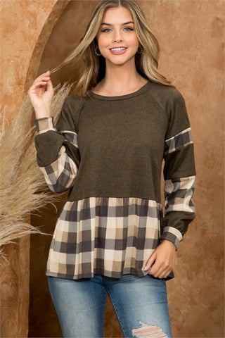 PLAID HACCI BRUSH CONTRAST LONG SLEEVE TOP