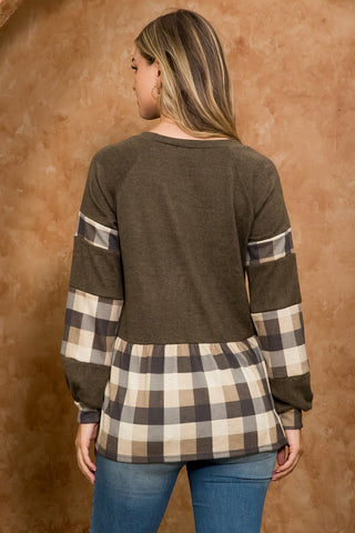 PLAID HACCI BRUSH CONTRAST LONG SLEEVE TOP