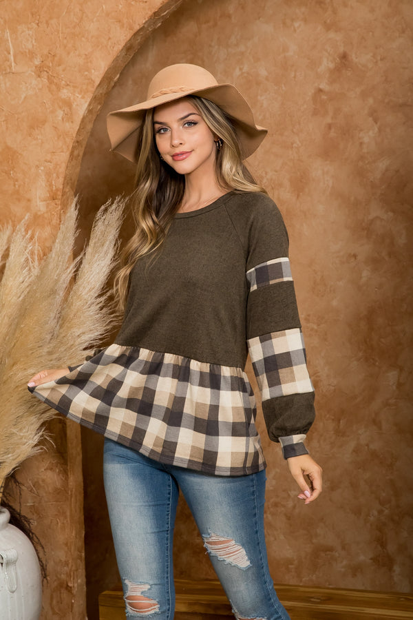 PLAID HACCI BRUSH CONTRAST LONG SLEEVE TOP