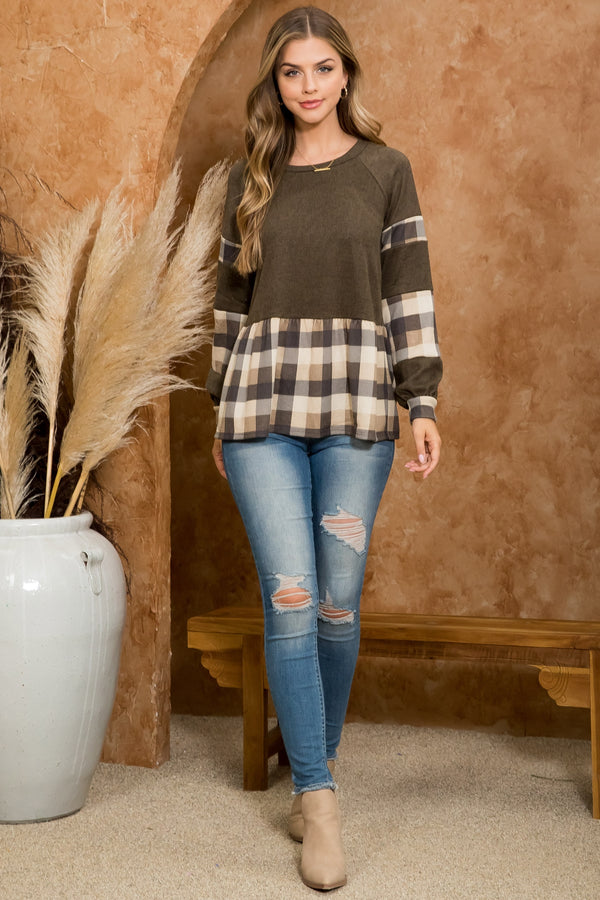 PLAID HACCI BRUSH CONTRAST LONG SLEEVE TOP