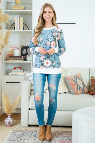 LONG SLEEVE RIB FLORAL TOP