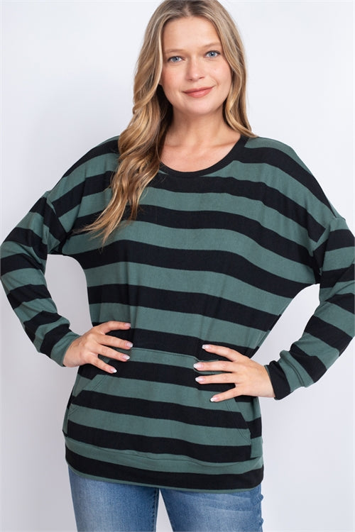 STRIPED LONG SLEEVE TOP WITH KANGAROO POCKET