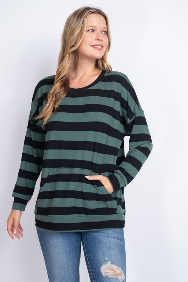 STRIPED LONG SLEEVE TOP WITH KANGAROO POCKET