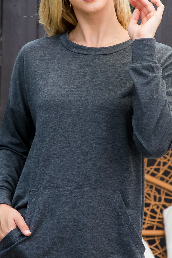 SOLID FRENCH TERRY LONG SLEEVE TOP WITH KANGAROO POCKET