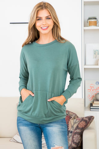 SOLID FRENCH TERRY LONG SLEEVE TOP WITH KANGAROO POCKET