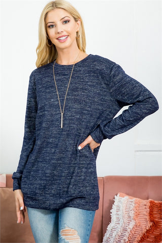 LONG SLEEVE ROUND NECK PULLOVER TOP - HEATHER NAVY