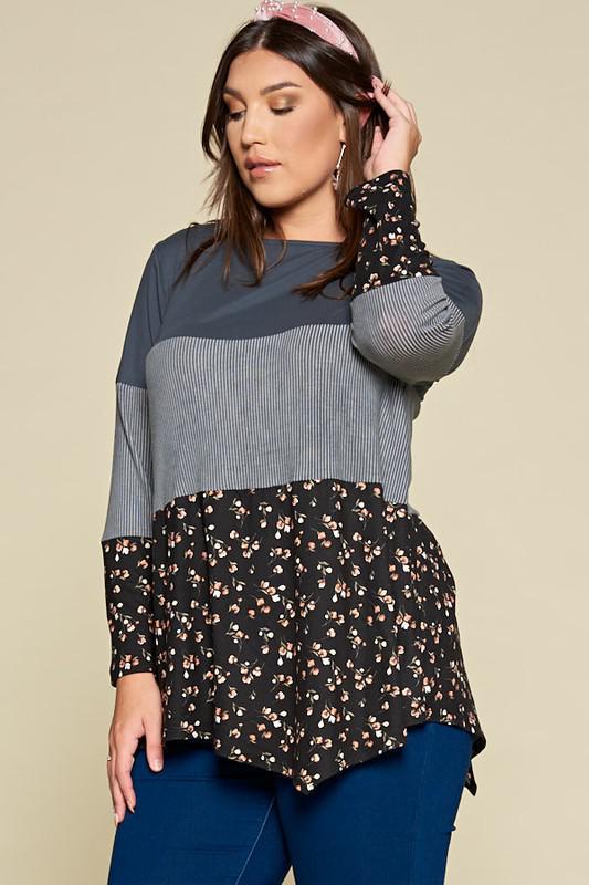 Ribbed Floral Asymmetrical Hem Tunic Top