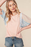 Floral Color Block Top with Crochet Lace